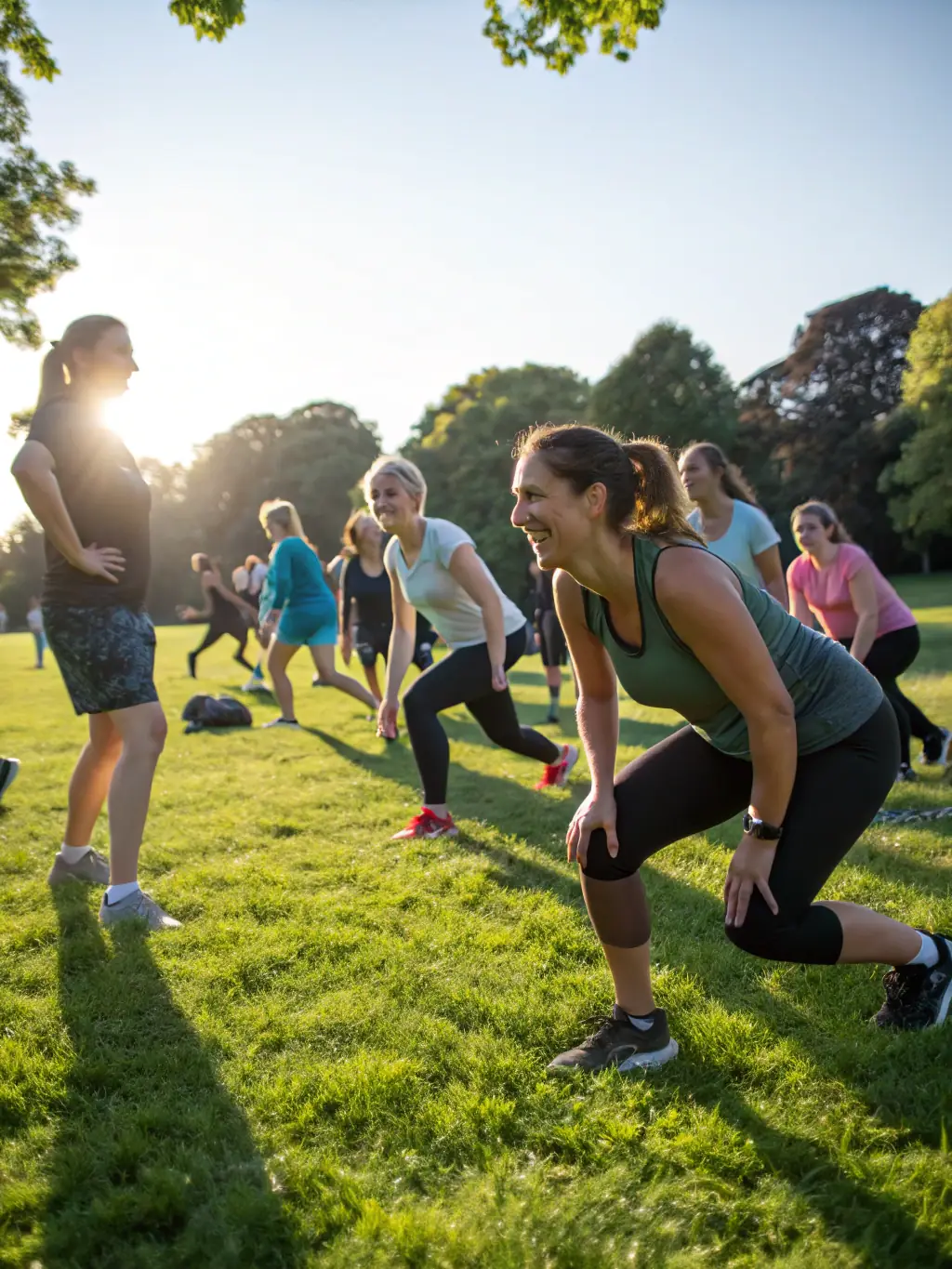 A class of people doing outdoor fitness exercises in a park, with a fitness instructor leading the session.