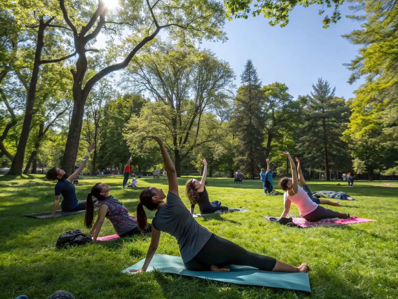 A serene image of a yoga class taking place outdoors, highlighting the wellness and fitness programs offered by Cayambe Sports.
