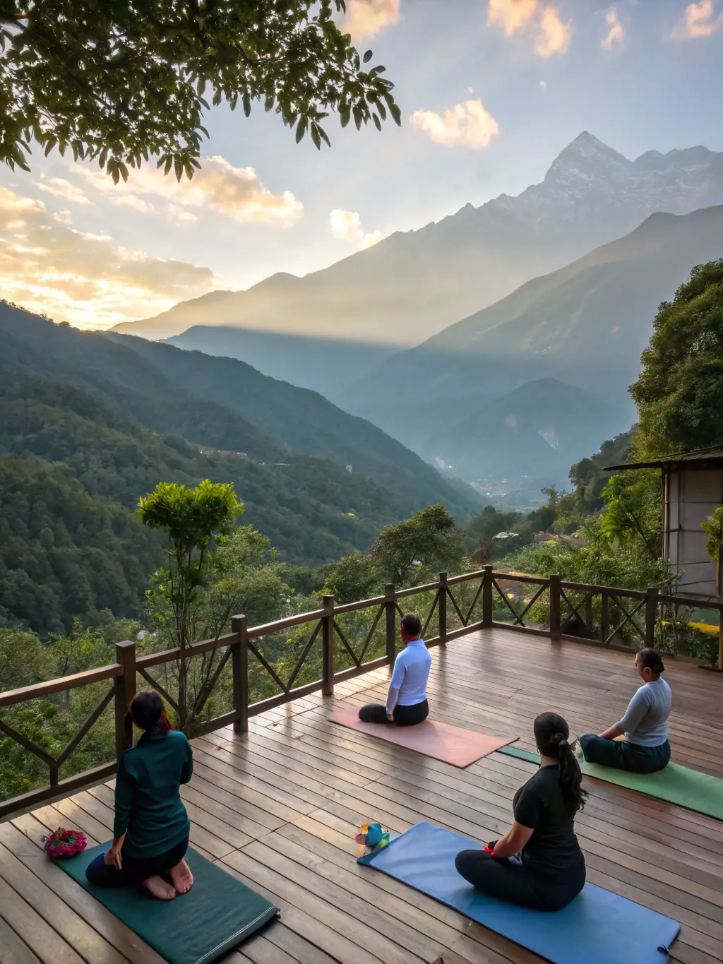A group of people practicing yoga outdoors, with a serene mountain backdrop and clear blue sky.