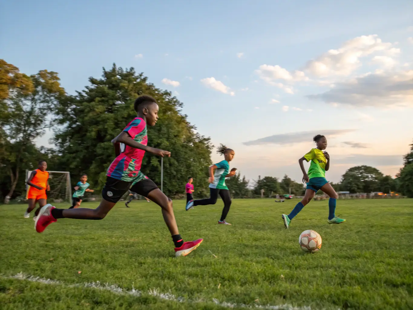 A dynamic image of children participating in a soccer clinic, showcasing the youth sports programs available at Cayambe Sports.