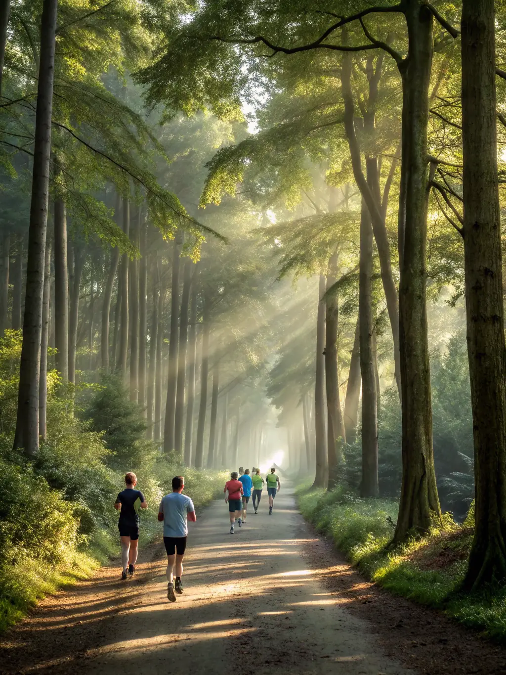 A group of trail runners participating in a race through a forest, with sunlight filtering through the trees.