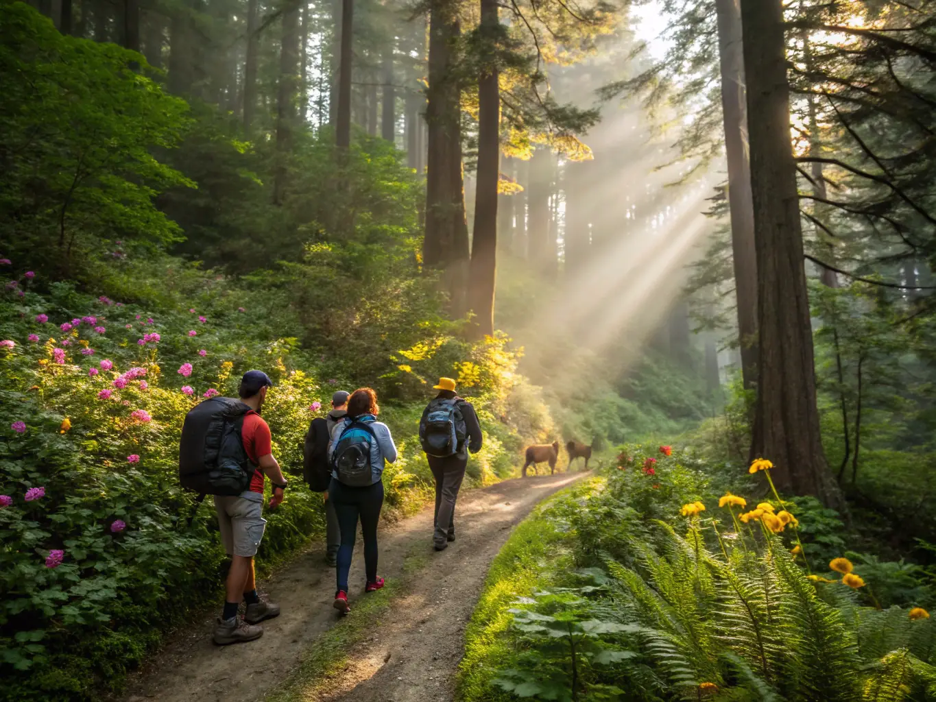 A group of people hiking through a lush green forest, representing the outdoor adventure programs offered by Cayambe Sports.
